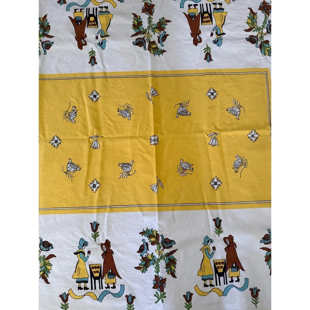 Vintage Folk Art Tablecloth Yellow Dutch Figures Floral Wreath 50x62 Rectangular